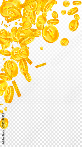 Russian ruble coins falling. Scattered gold RUB