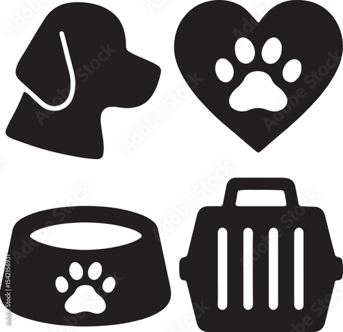 Pet Icons – Dog, Bowl, Carrier, Heart – Minimalist Silhouettes for Animal Care Branding, Pet Supply Packaging, and Companion Graphics
