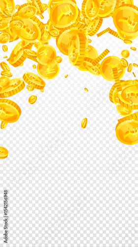 Indian rupee coins falling. Scattered gold INR