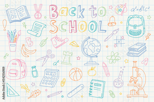 School set of hand drawn colorful doodle style school stationery. School notebook sheet in cage. Sketch icon set. Good for print, banner, poster, cards, cover, paper, scrapbooking, wallpaper