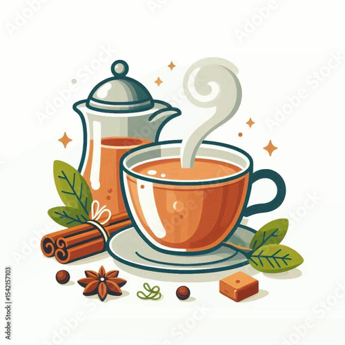 Chai tea scene steaming cup teapot spices leaves on white