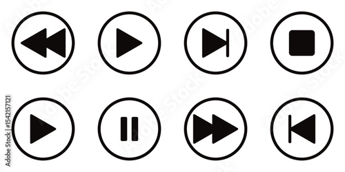 Media Player Button Icons Set – Play, Pause, Stop, Rewind, and Multimedia Control Symbols in Vector Style