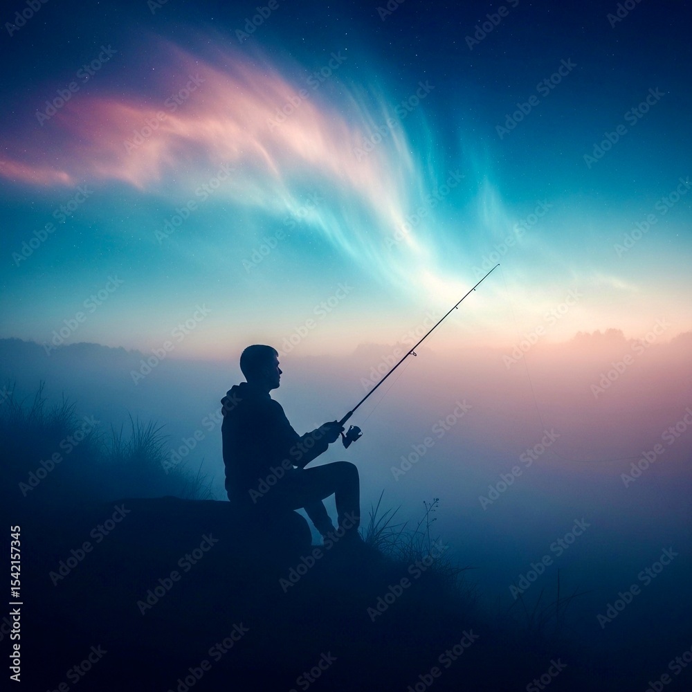 Silhouette of a man fishing under swirling cosmic fog Silhouette of a man fishing under swirling cosmic fog