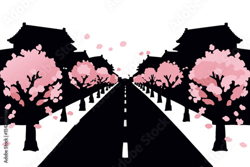 Charming Urban Road Adorned with Blooming Cherry Trees