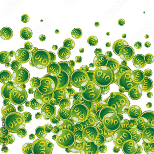 Vitamin Q10 round capsules scattered randomly.
