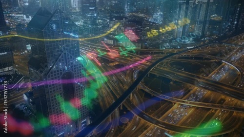 image of data processing over cityscape. global business, digital interface, connections and digital interface concept digitally generated image.