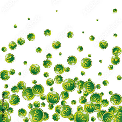 Vitamin Q10 round capsules scattered randomly.