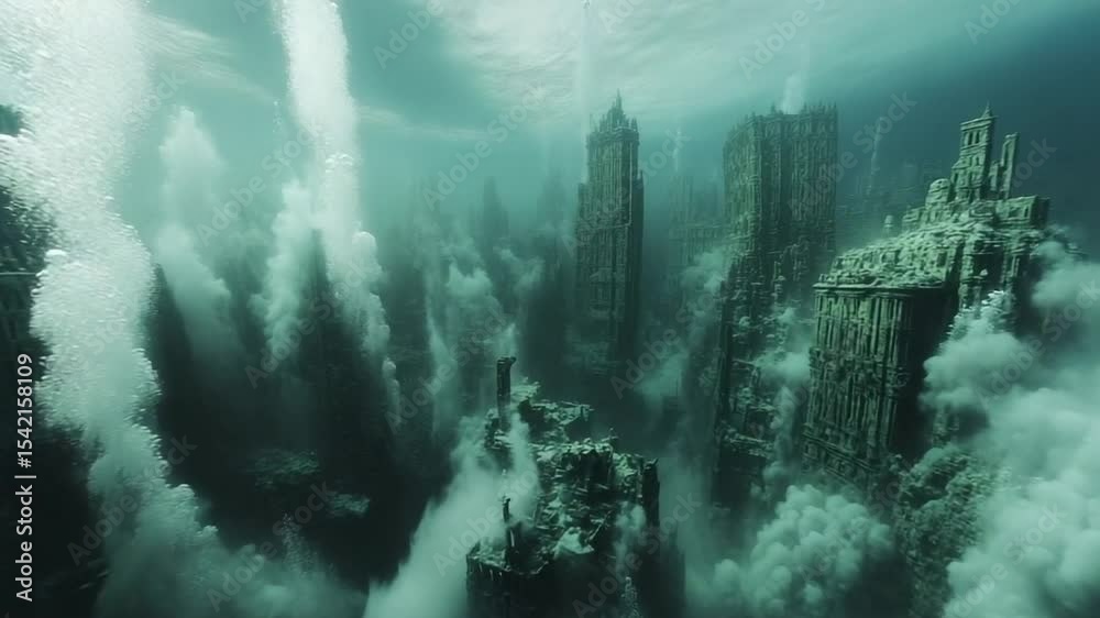 Underwater ruins with dramatic light and fog effects