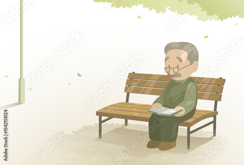 あたたかな木漏れ日の中でベンチに座った高齢男性が本を読んでいるベクターイラスト