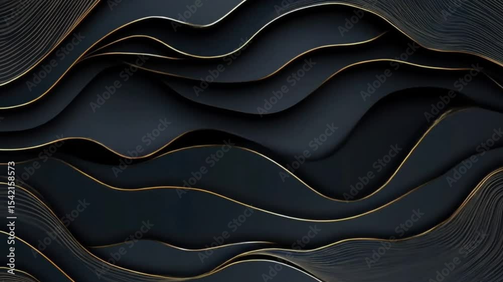 Abstract layered black surface with golden flowing lines and soft shadows. Seamless looping 4K time-lapse animation video background. Luxury concept