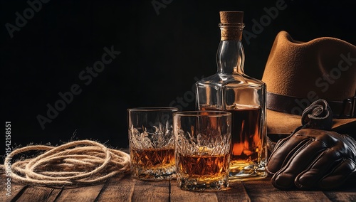 Whiskey Bottle and Glasses with Cowboy Hat, Lasso, and Gloves on Wooden Table – Rustic Western Still Life against Black Background