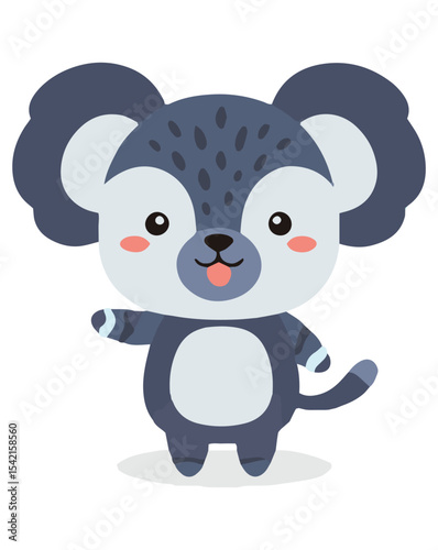 Cartoonish lemur with a spotted head and a playful expression.