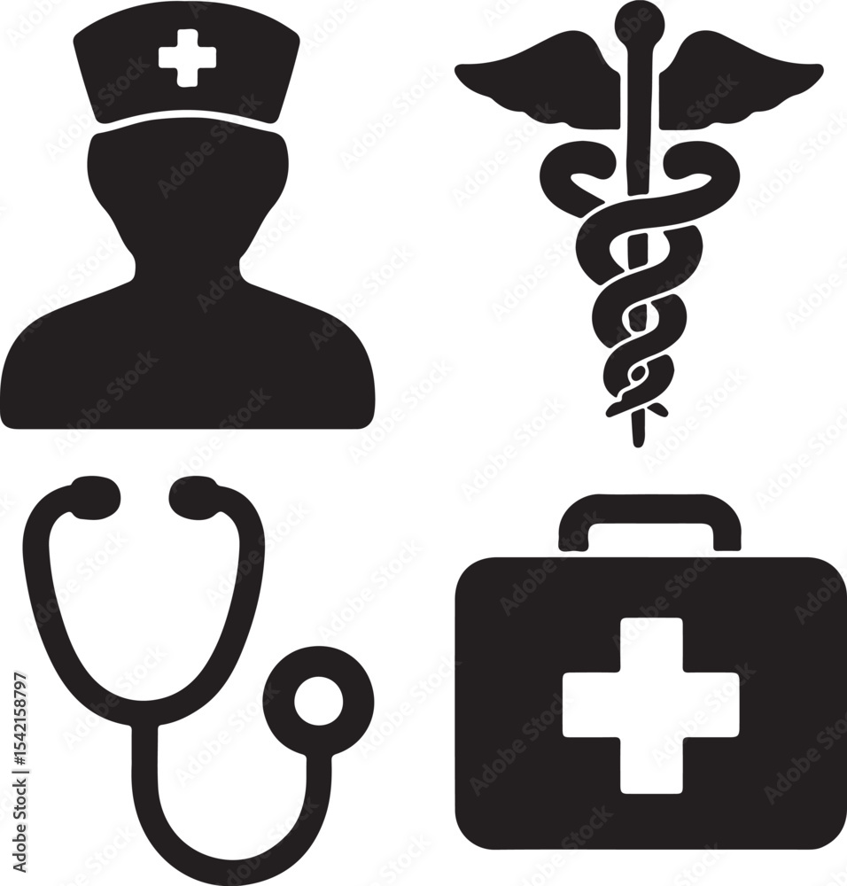 Obraz premium Healthcare Icons – Nurse, Caduceus, Stethoscope, First Aid Kit – Silhouettes for Hospital Branding, Medical Packaging, and Professional Health-Themed Graphic Projects