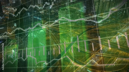 image of data processing over cityscape. global business, digital interface, connections and digital interface concept digitally generated image.