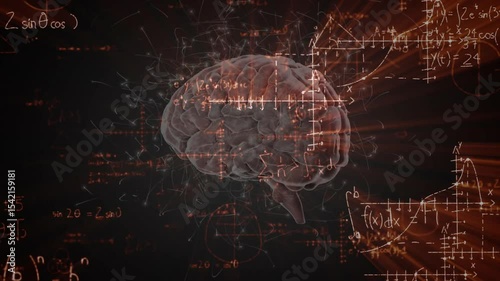 Forming 3D brain model showing neural activity, emitting glowing formulas multiplying, floating