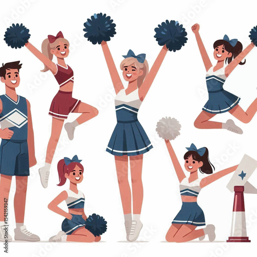 Cheerleader group male in uniform female cheerleaders with blue and maroon uniforms pompoms and bows cone white background