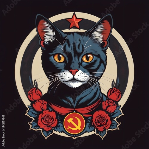 Cat with roses and communist symbol in vintage style illustration  