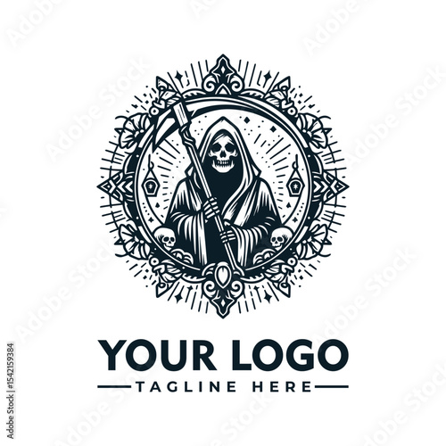 Grim Reaper illustration holding a scythe, encircled by ornate decorative elements, ready.