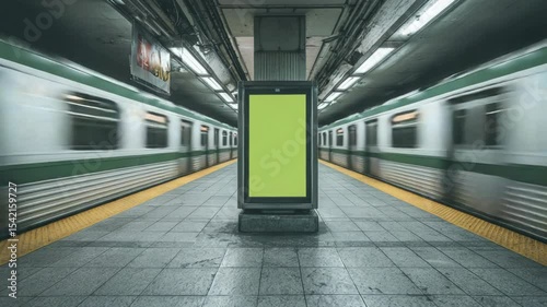 Blank sign at subway station with blurred trains