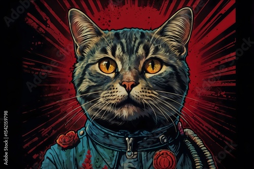 Artistic illustration of a cat in a military uniform with bold colors  