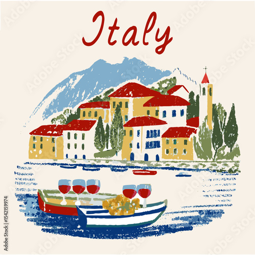 Colorful Mediterranean Village Landscape with Lake and Boat Illustration