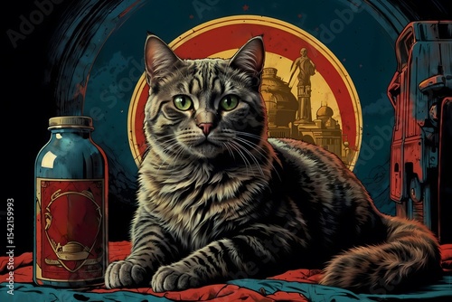 Cat lying on colorful background with vintage bottle nearby  