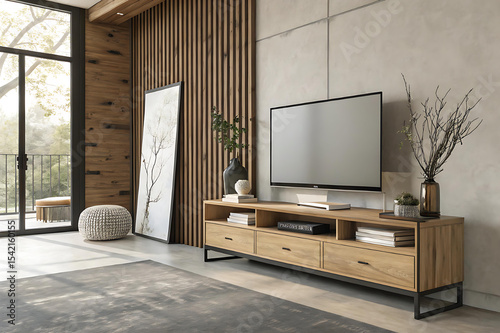 Modern living room interior with tv console and decorative elements