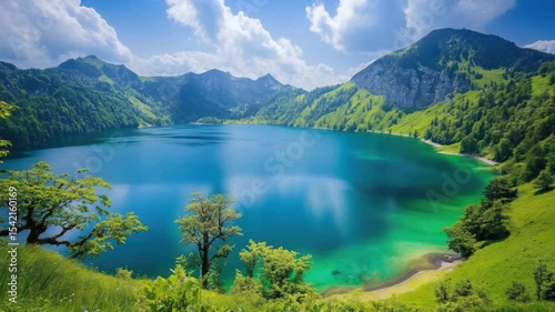 Serene Mountain Lake Surrounded by Lush Green Hills and Crystal Clear Water under a Blue Sky with Fluffy Clouds transparent background png