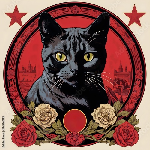 Black cat illustration with roses and stars in graphic style  