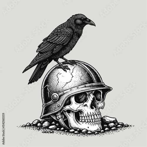 Powerful skull illustration with medieval helmet and two ravens dark and intense