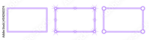 Violet purple neon set of rectangle shape frames. Vivid glowing lavender border isolated on transparent background. Shine glow light electric purple neon sign Banner, Mockup, presentation element, PNG