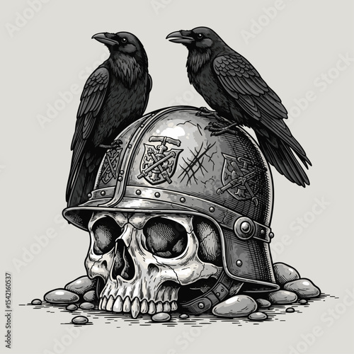 Mysterious skull helmet adorned with black ravens evoking gothic atmosphere