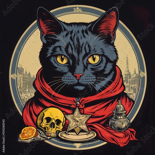 Cat with yellow eyes wearing red scarf surrounded by skull and symbols  