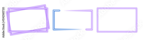 Violet purple neon set of rectangle shape frames. Vivid glowing lavender border isolated on transparent background. Shine glow light electric purple neon sign Banner, Mockup, presentation element, PNG