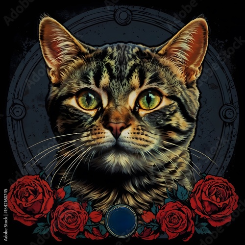 Cat head illustration with green eyes surrounded by roses  
