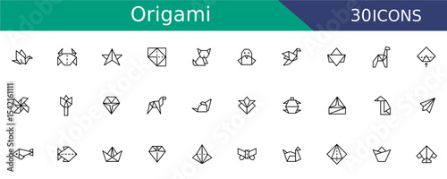Origami Icons Set Vector. Minimal Line Style Symbols of Folded Paper animals, birds, boats, flowers, insects, and geometric objects & shapes Vector.