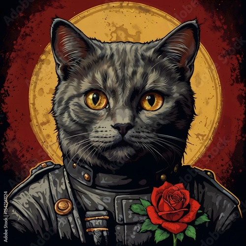 Cat dressed in military uniform with rose on dark background  