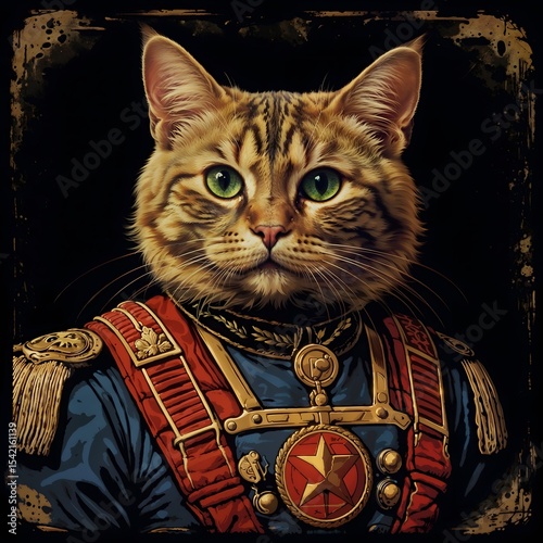 Cat in military uniform with a serious expression on dark background  