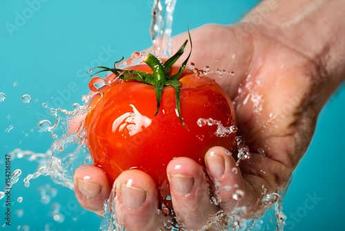 A hand gently washes a ripe red tomato under a stream of clear water against a vibrant turquoise background water droplets splashing creating a dynamic and refreshing image of freshness and
