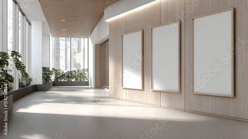 Bright hallway interior with blank poster mockup on wooden wall in modern medical or office facility for clean advertising or design presentation concept. 