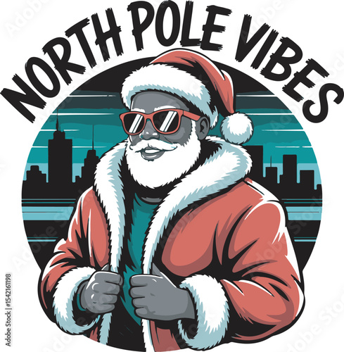 Cool Black Santa Claus Wearing Red Suit Sunglasses Cityscape Background North Pole Vibes Christmas Illustration