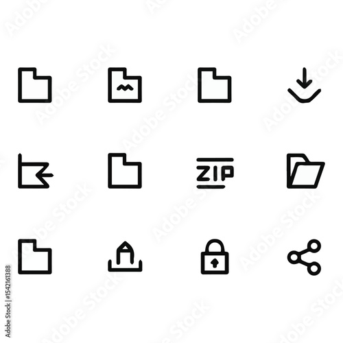 File and folder management icon set in flat style, includes documents, downloads, locks, zip files, editable vector design