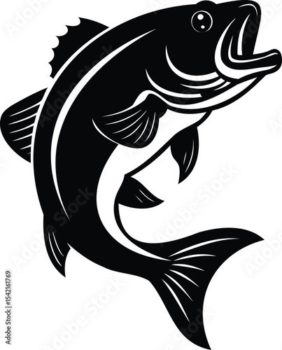 Dramatic black and white illustration of a leaping largemouth bass, ready to strike