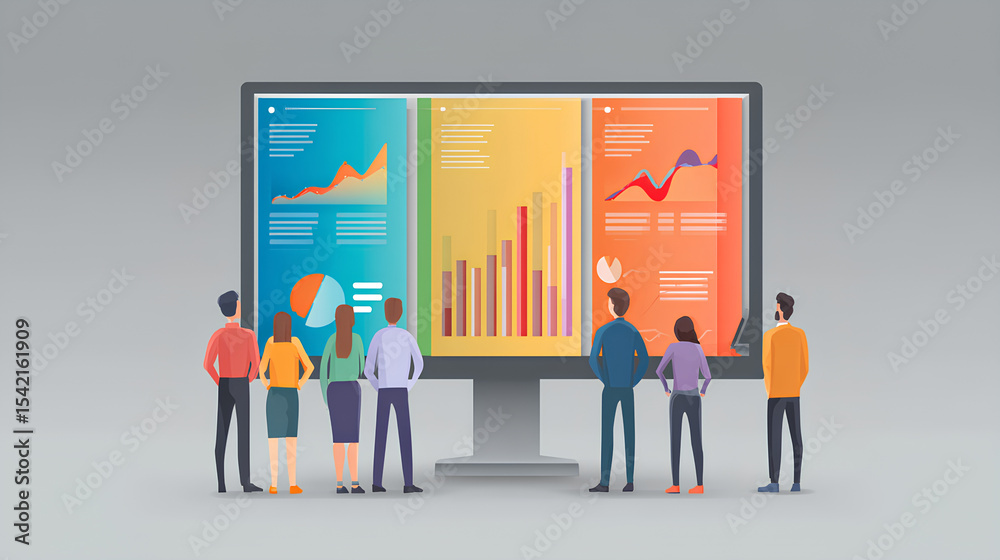 Obraz premium business data analytics design. people marketing team working. business finance investment concept. report graph dashboard infomation. flat vector illustration.