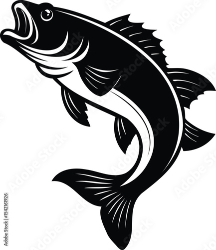 Bold and impactful black and white bass fish illustration in motion
