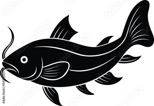 Striking minimalist depiction of a catfish with flowing line accents and fins