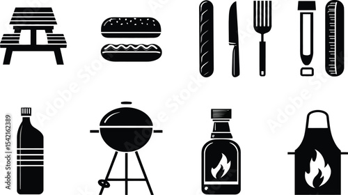 9 Black Silhouettes of Grill Tools, Picnic Table, Food Items, Sauce Bottles, and Cooking Essentials