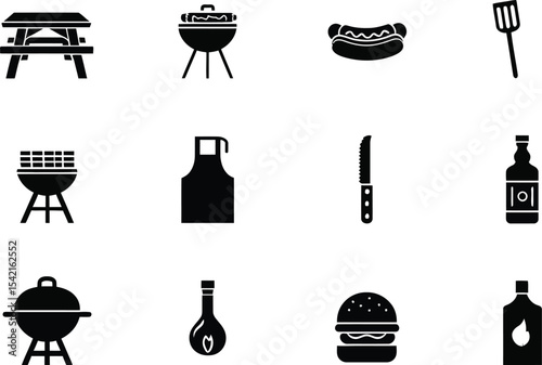 12 Black Silhouettes of Grill Tools, Picnic Table, Food Items, and Sauce Bottles for Outdoor Cooking