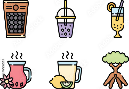 Bubble tea icon set featuring cups, straws, pearls, and sweet drink designs for modern branding.