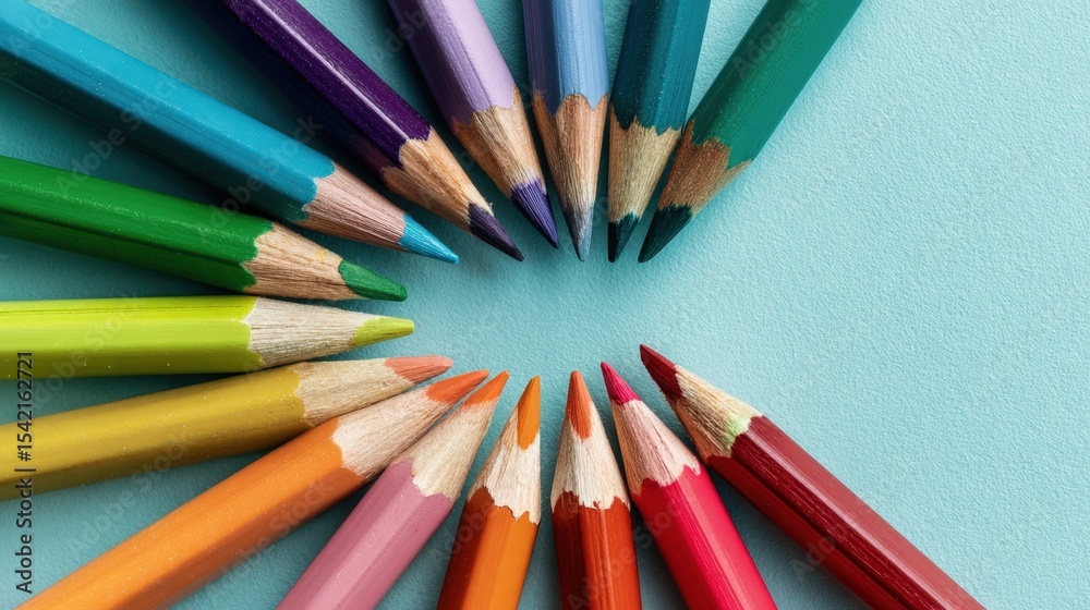 Colorful Pencils Arranged in a Circle on a Light Blue Background Vivid Hues Creative Art Supplies Colorful Pencils Arranged in a Circle on a Light Blue Background Vivid Hues Creative Art Supplies